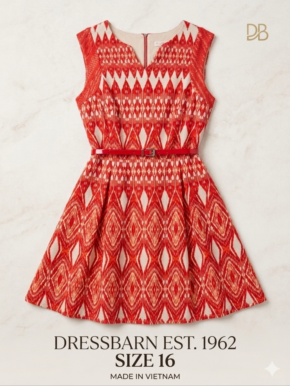 Sleeveless Vintage Orange, Red and Cream Patterned Dress 16